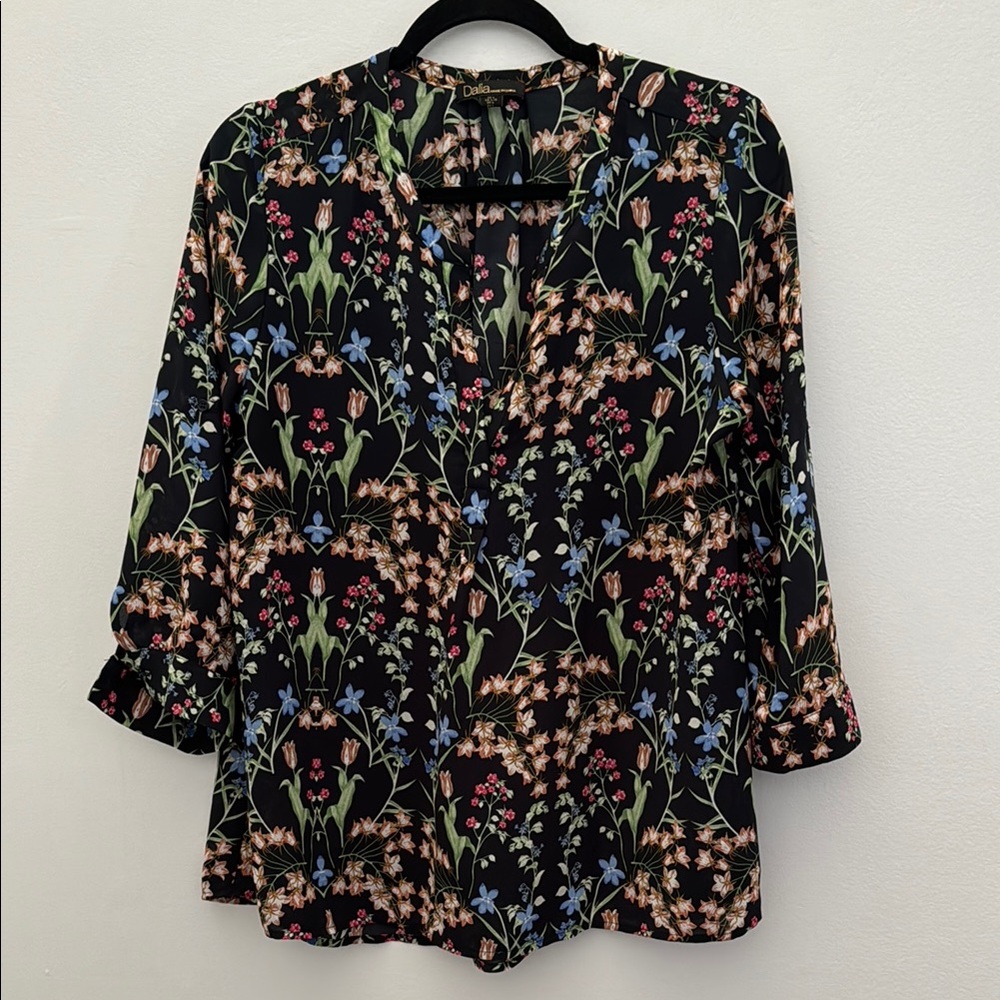 Dalia Women’s Black and Multicolor Floral Print Blouse with 3/4 Length Sleeves